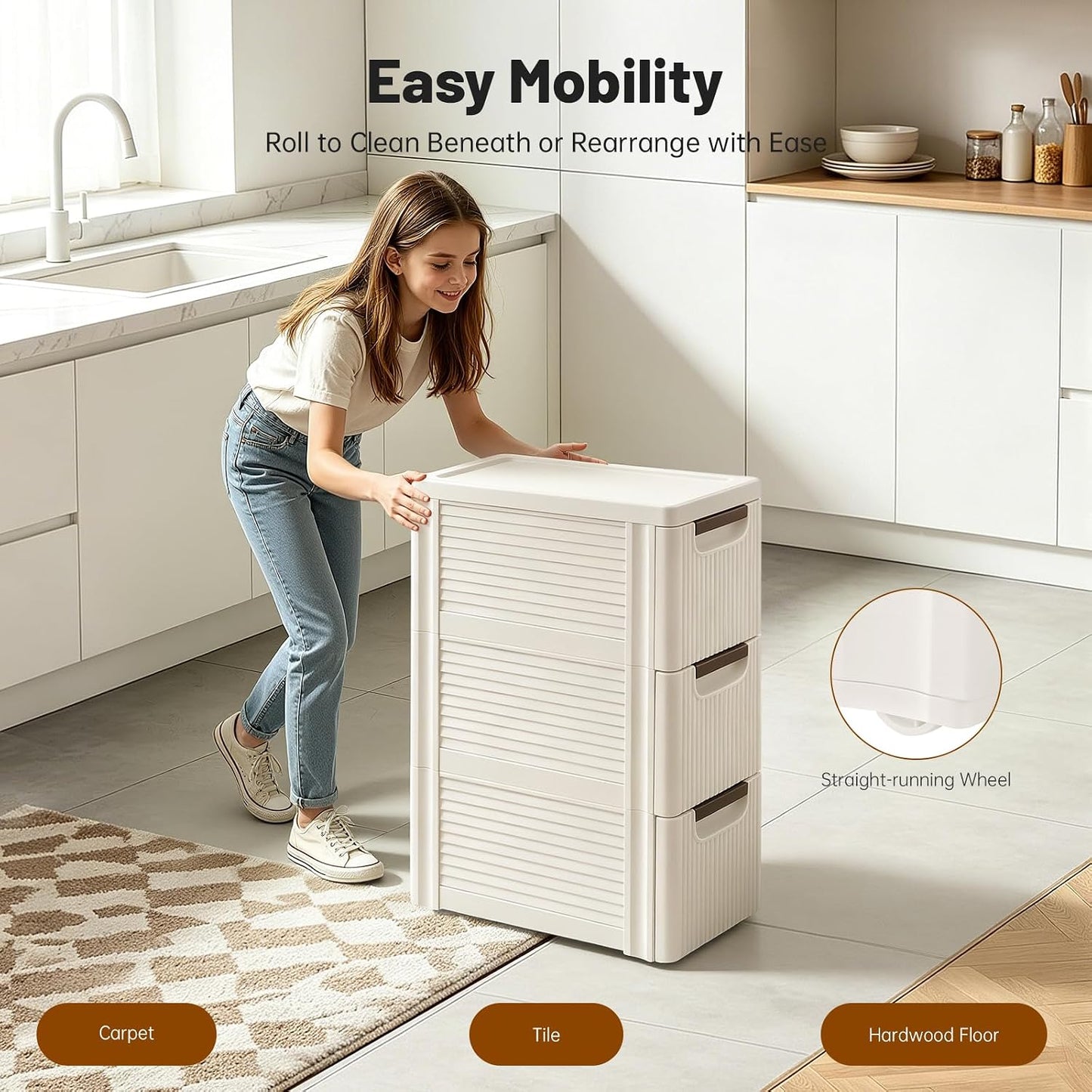3 Drawers Slim Storage Cart, Narrow Plastic Rolling Organizer Small Cabinet Container with Wheels for Small Spaces, Kitchen, Laundry, Office, Bedroom (3 Drawers)