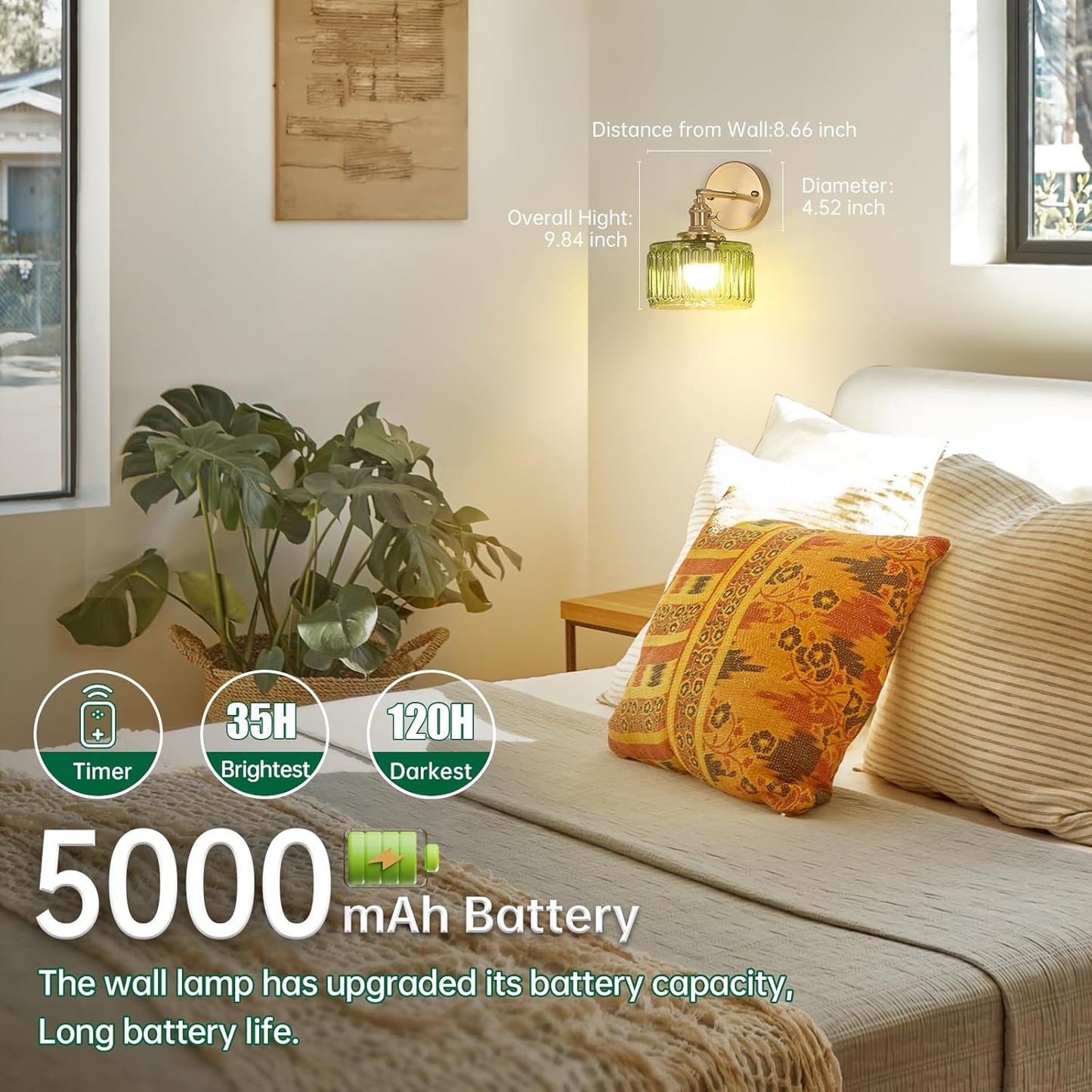 Shenmoyl Vintage Battery Operated Wall Sconce with Clear Striped Glass Lampshade 5000 mAh Rechargeable Battery Powered Wall Light with Remote Control for Bedside Bedroom Doorway, Set of 2
