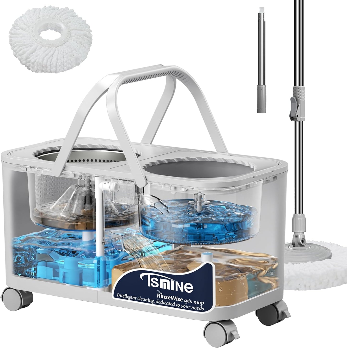 Compact Spin Mop for Apartments & Small Spaces, Clean & Dirty Water Separation Mop Bucket for Pet Owners & Daily Cleaning,360° Swivel Wheels, Safe for Hardwood & Tile, Adjustable Handle, 6 Mop Heads