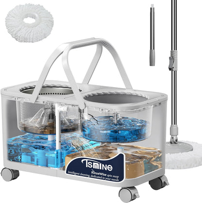 Compact Spin Mop for Apartments & Small Spaces, Clean & Dirty Water Separation Mop Bucket for Pet Owners & Daily Cleaning,360° Swivel Wheels, Safe for Hardwood & Tile, Adjustable Handle, 6 Mop Heads
