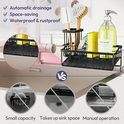 SWTYMIKI Sink Caddy Sponge Holder - Kitchen Sink Organizer with High Brush Holder for Countertop to Hold Dish Soaps and Sponges, Stainless Steel, Black