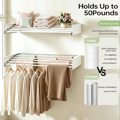 Wall Mounted Foldable Clothes Drying Rack, Collapsible Laundry Drying Clothes Rack, Space Saving Clothing & Towels Retractable Drying Rack with Wall Template Indoor & Outdoor Balcony (White,W23.6'')