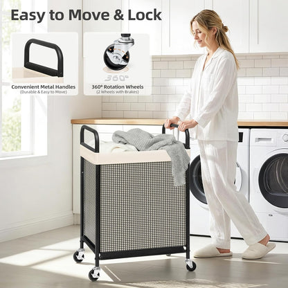 STORAGE MANIAC Rolling Laundry Hamper with Wheels 3-Section Laundry Sorter Rolling Laundrys Basket on Wheels with Removable Bag Clothes Hamper Laundrys Organizer Cart Bathroom Bedroom 120L Beige