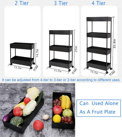 4 Tier Slim Rolling Utility Kitchen Cart Bathroom Organizer for Narrow Places Multipurpose Storage Shelve Mobile Trolley for Bedroom Laundry Office Restaurant Garage Pantry (Black)
