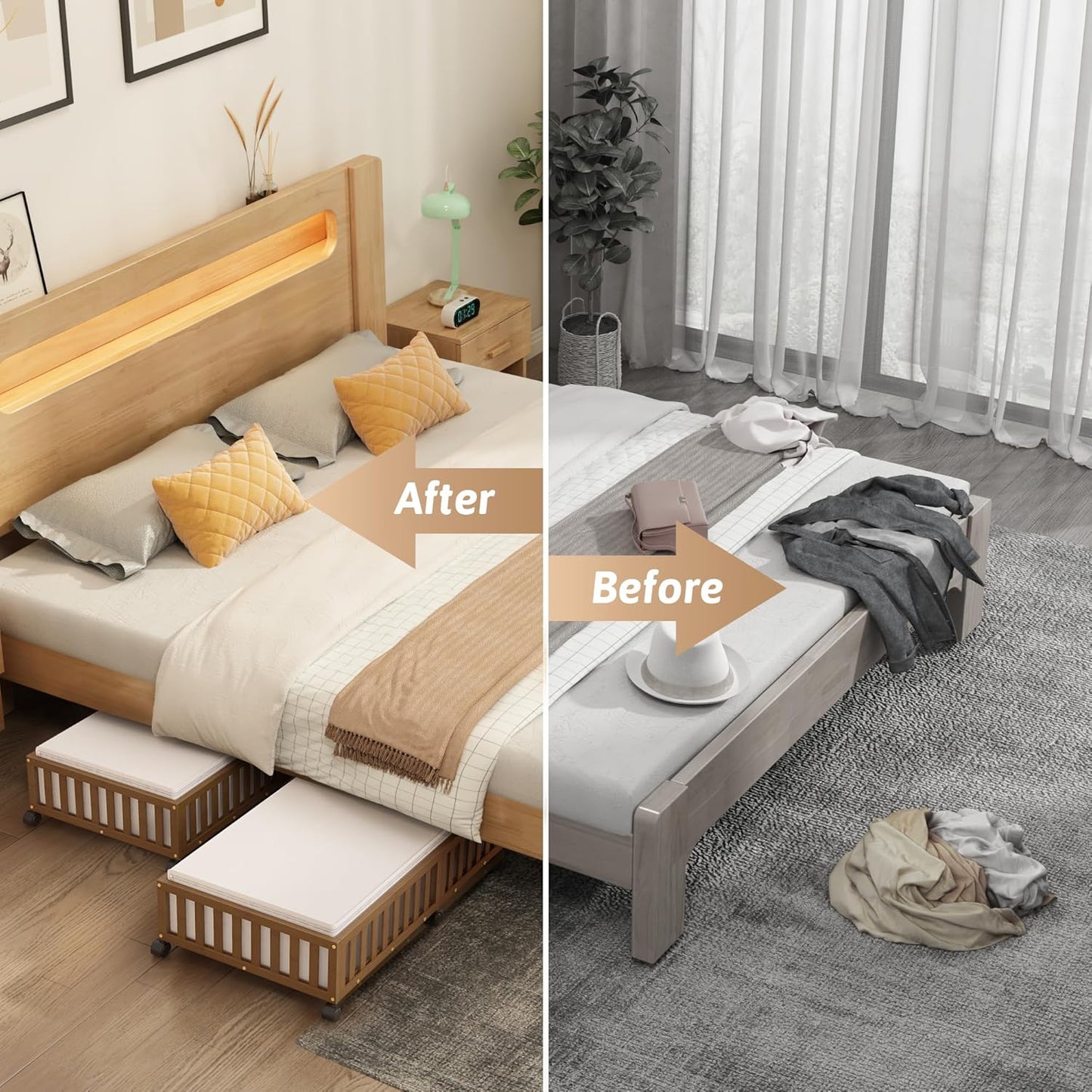 Bamboo Under Bed Storage Containers with Wheels, 2 Pack Under the Bed Shoe Storage Bins, Wood Rolling Underbed Drawers with Bag Organizer for Bedroom, Sheets Clothes Blanket Comforter, Under Crib Toy