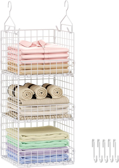 Sonyabecca 3-Tier Hanging Closet Organizers and Storage, Foldable Stackable Wire Basket Bins with 5 S Hooks, Space-Saving Hanging Closet Shelf for Clothing, Sweaters, Handbags, Hats,Purse