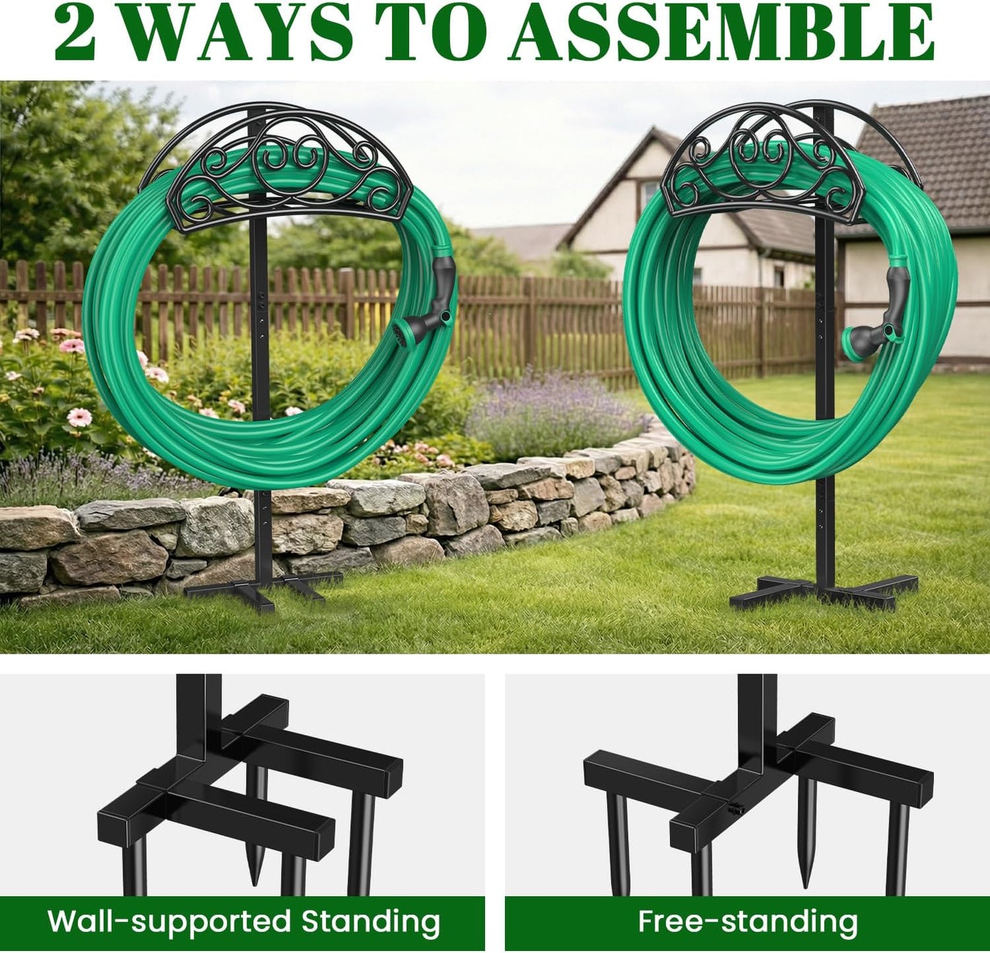 Sunvigor Garden Hose Holder, Heavy Duty Metal Hose Stand with 4 Spikes, Holds Up to 150FT Hose, No Drill Freestanding Hose Reel Alternative for Yard Lawn Outdoor