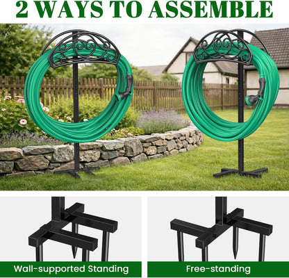 Sunvigor Garden Hose Holder, Heavy Duty Metal Hose Stand with 4 Spikes, Holds Up to 150FT Hose, No Drill Freestanding Hose Reel Alternative for Yard Lawn Outdoor
