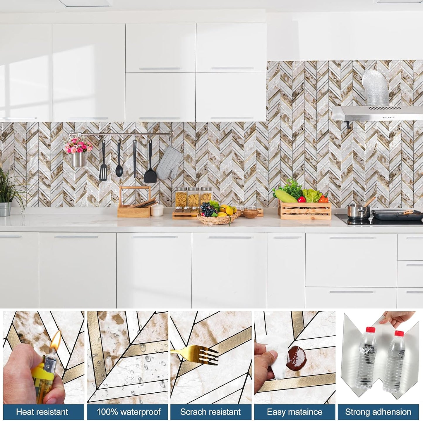 Yipscazo 10-Sheet Herringbone Backsplash Peel and Stick Tile, Polished White PVC Stick on Backsplash for Kitchen, Waterproof Self Adhesive Wall Tile for Bathroom