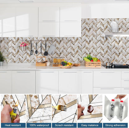 Yipscazo 10-Sheet Herringbone Backsplash Peel and Stick Tile, Polished White PVC Stick on Backsplash for Kitchen, Waterproof Self Adhesive Wall Tile for Bathroom