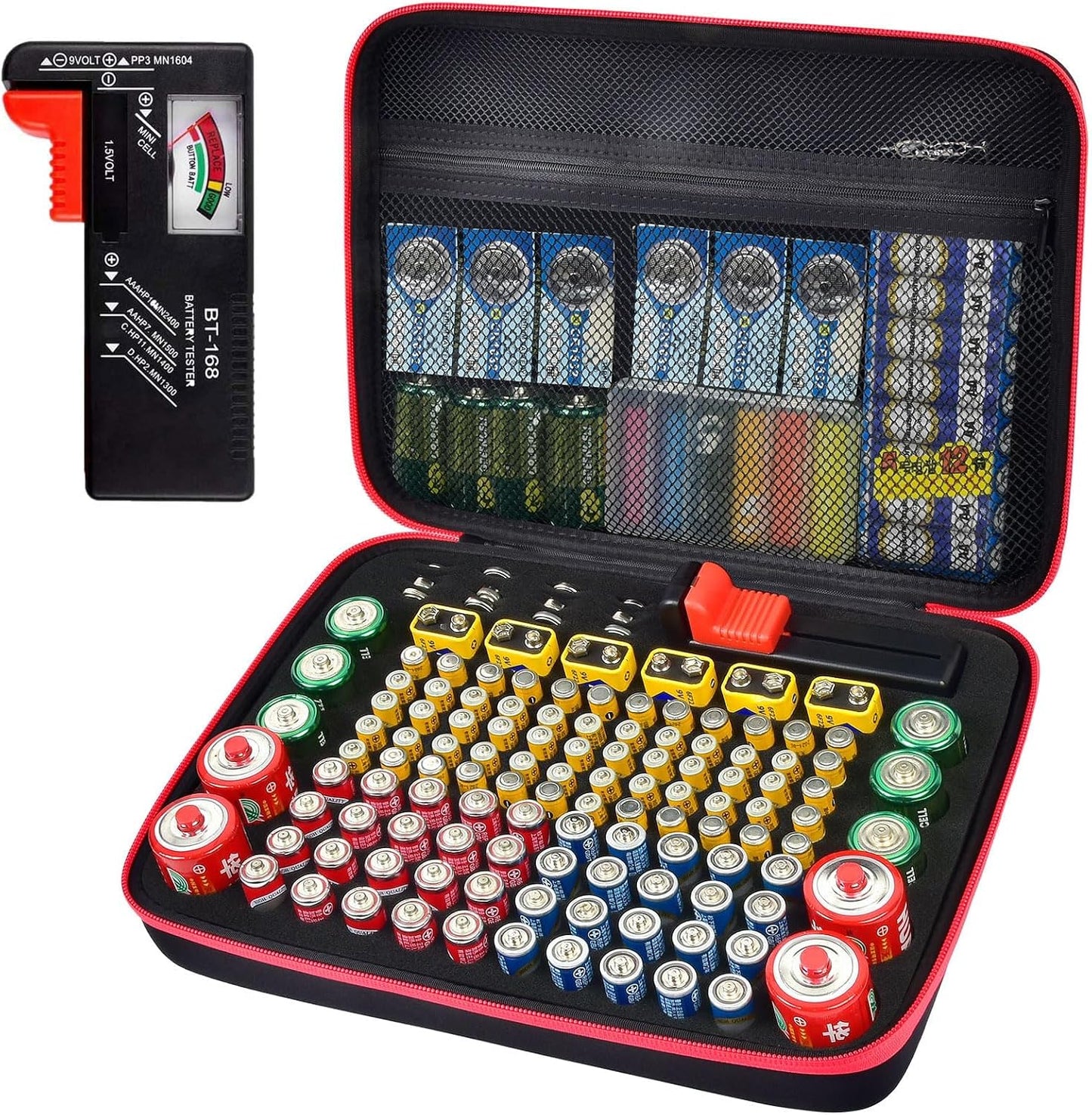 ALKOO 136+ Battery Organizer Storage Case with BT-168 Tester | AA AAA C D 9V & Button Cells Batteries Holder Box, Foam Protection, Home / Garage / Drawer Organization, Case Only, Red