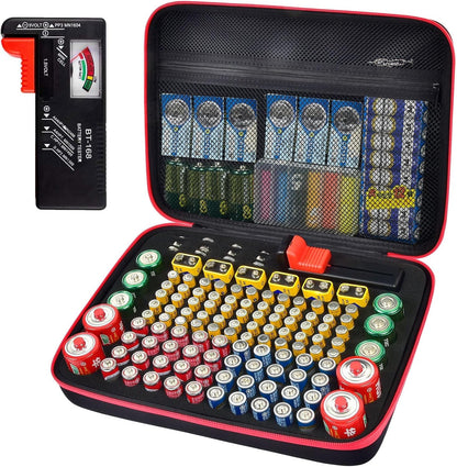 ALKOO 136+ Battery Organizer Storage Case with BT-168 Tester | AA AAA C D 9V & Button Cells Batteries Holder Box, Foam Protection, Home / Garage / Drawer Organization, Case Only, Red