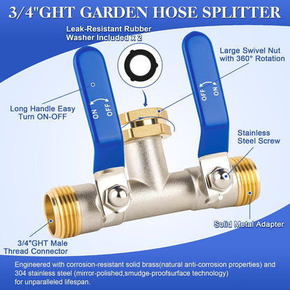 EJW Hose Splitter 2 Way, Garden Hose Splitters, Heavy Duty Faucet Splitter,Rv Brass Water Hose Y Splitter, Double Hose Connector, Spigot Splitter, Two Way Hose Manifold Valve 3/4 Inch GHT Thread.