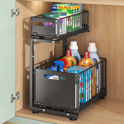 Under Sink Organizer, 2-Tier Multi-Use Kitchen and Bathroom Organizers and Storage, Slide Out Thickened Metal Under The Sink Organizer for Kitchen Bathroom Pantry (Style A White, 1 Pack)