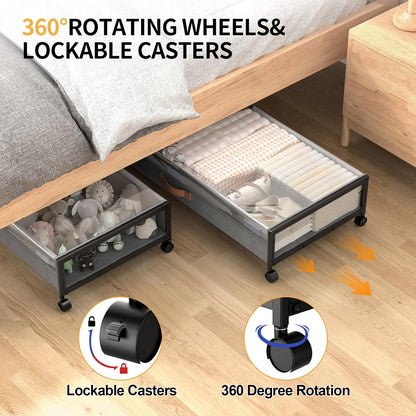 Under Bed Storage Containers with Wheels Large Underbed Shoes Blankets Clothes Toy Storage Drawers for College Dorms Bedrooms Nursery Rooms Organization (Black 2 Pack, 7.5in height(36"x16.6"x7.48"))