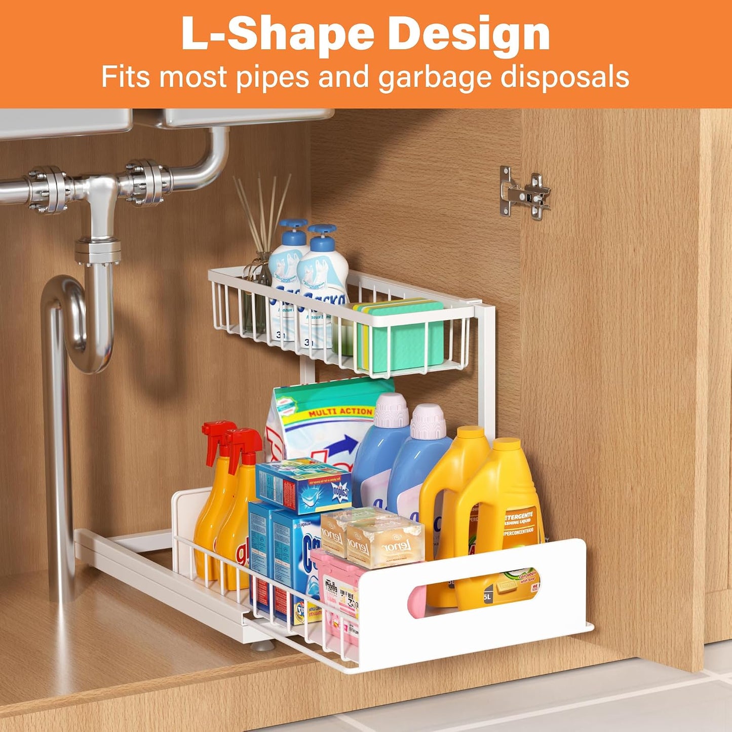 Sturdy Metal Under Sink Organizer 2 Tier, Pull Out Drawer Slides Under Sink Storage for Bathroom Kitchen, Multi-Purpose Iron Under Cabinet Organizer for Cleaning Supplies (Black, 2 Pack)