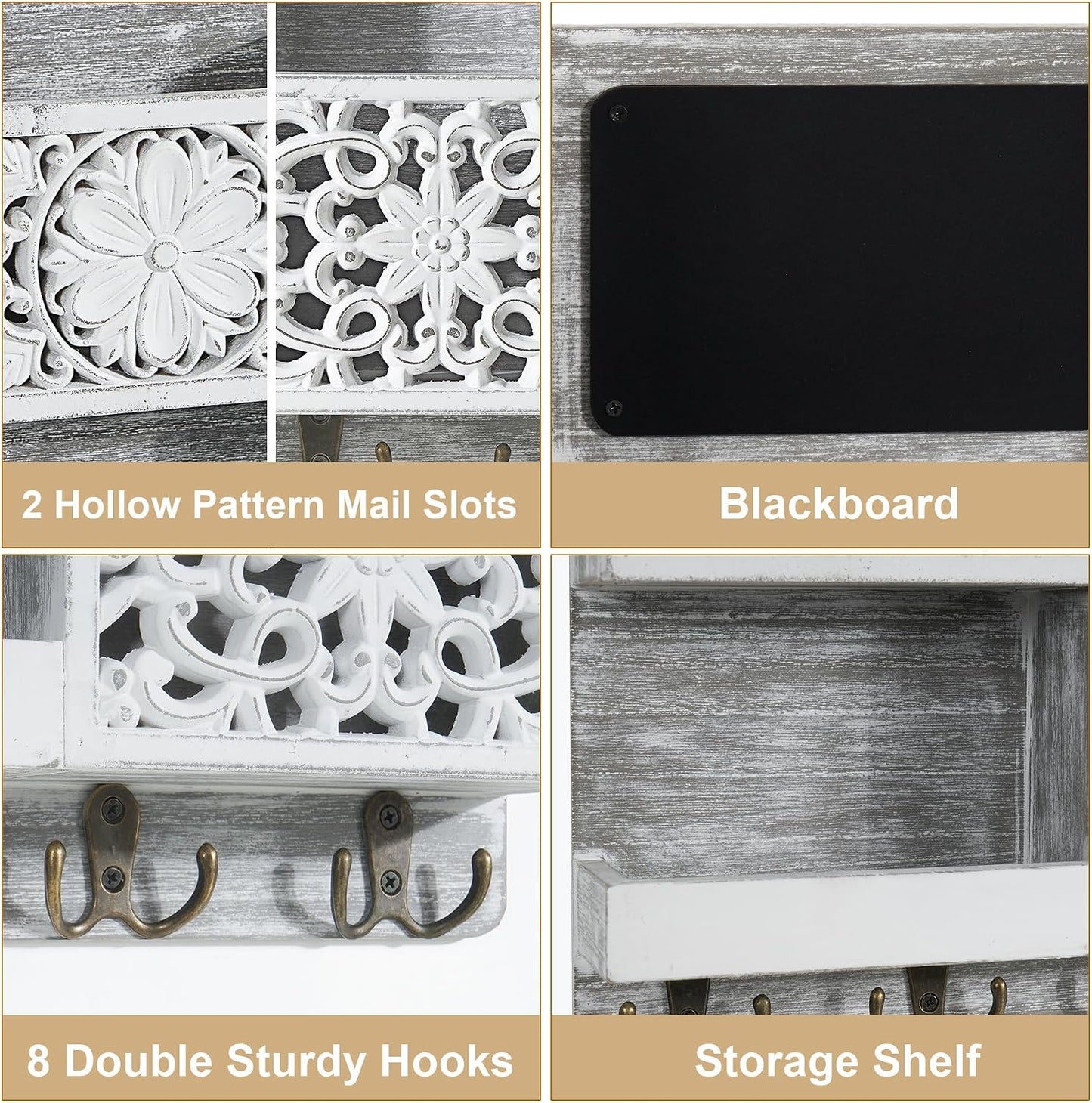 Mail Organizer Wall Mounted, 2 Slots Key Holder for Wall with 8 Hooks, Rustic Wood Key Rack with Shelf for Entryway Hallwall Farmhouse