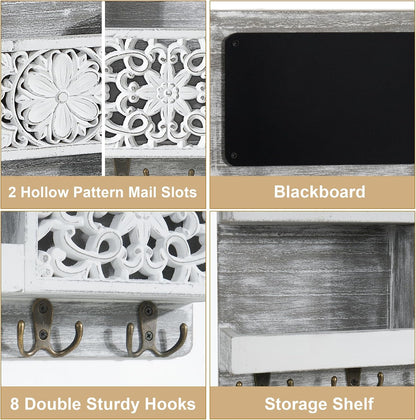 Mail Organizer Wall Mounted, 2 Slots Key Holder for Wall with 8 Hooks, Rustic Wood Key Rack with Shelf for Entryway Hallwall Farmhouse