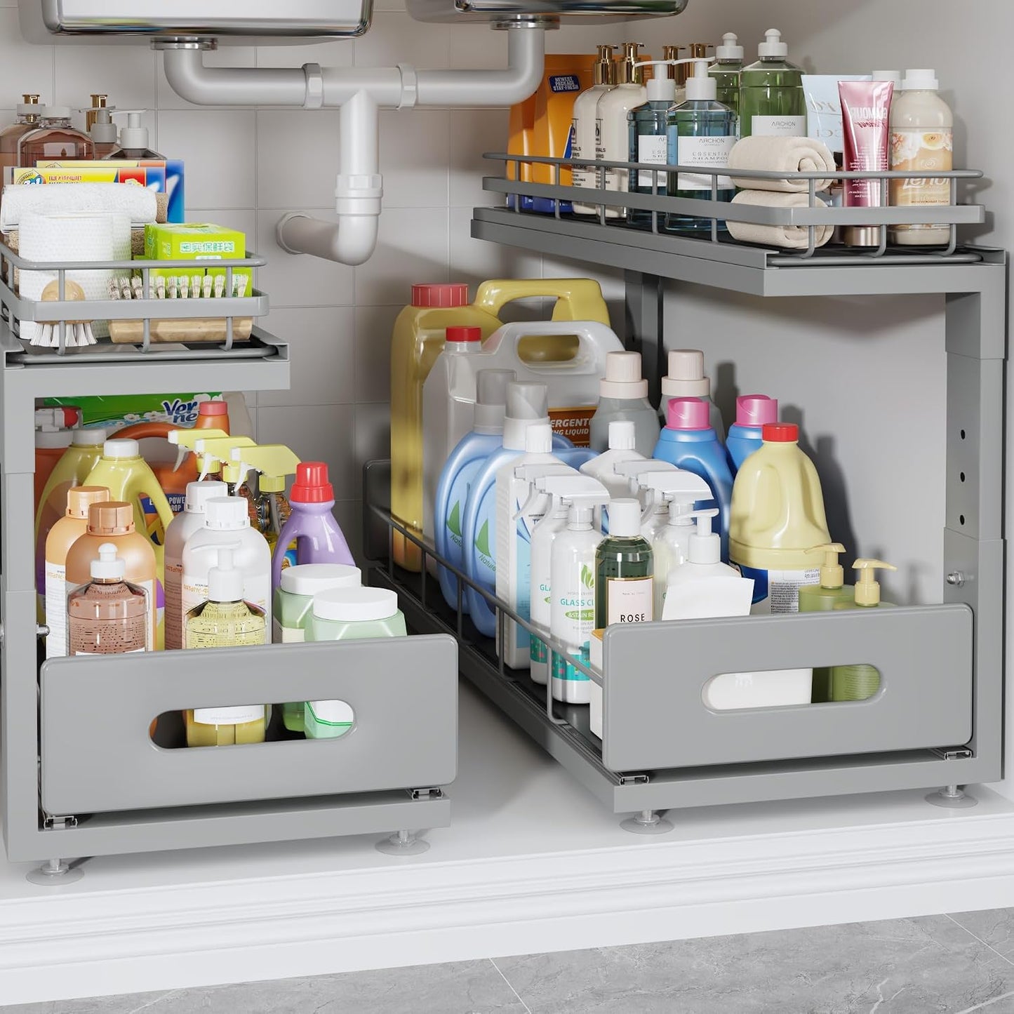 Under Sink Organizer Upgrade To Professional Rails,2-Tier Dual Pull Out Cabinet Storage,Height Adjustable Slide Out Drawers For Bathroom Kitchen,2 Pack-14.5" Dx12.8-16.9" H,White