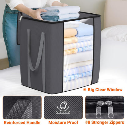 TasticTotes 120L Extra Large Clothes Storage Bags, Foldable Blanket Storage and Organization, Thick Fabric Containers with Reinforced Handles & Zippers for Clothing, Comforters, Bedding, Gray, 1 Pack