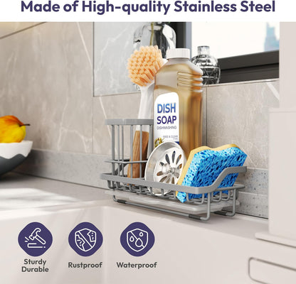 SWTYMIKI Sink Caddy Sponge Holder - Kitchen Sink Organizer with High Brush Holder for Countertop to Hold Dish Soaps and Sponges, Stainless Steel, Black