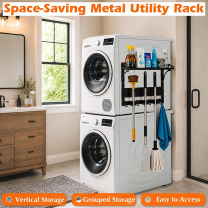 MUTUACTOR Heavy Duty Magnetic Broom Holder,Anti-slip Magnetic Tool Rack with Top Utility Shelf, Easy Assembly Broom Mop Organizer for Refrigerator Metal Cabinet Laundry Room Kitchen,3-Clamps 4-Hooks