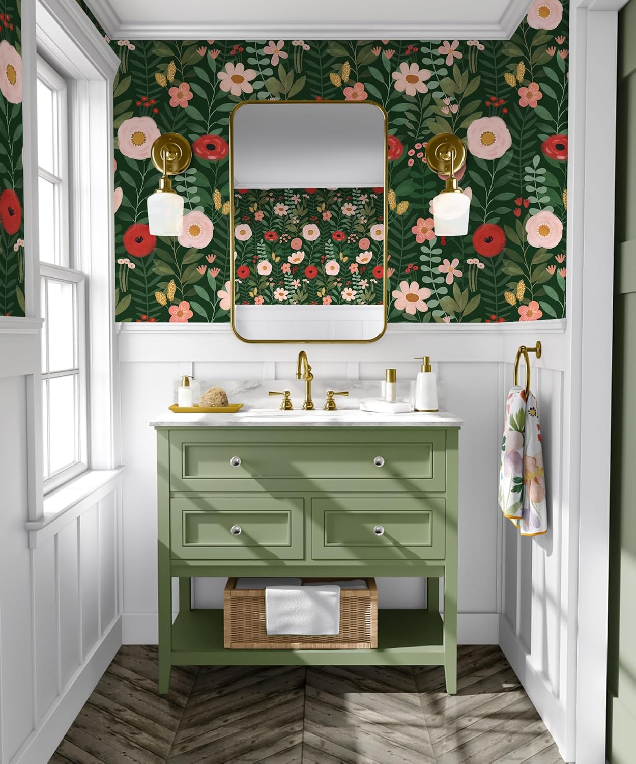 HAOKHOME Floral Peel and Stick Wallpaper Boho Vintage Wall Paper Removable for Bathroom Nursery Beige/Pink/Red Contact Paper 17.3in x 9.8ft