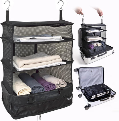 Grand Fusion Stow-N-Go Hanging Travel Shelves, Packing Organizer for Luggage. Carry on Closet for Suitcase. Expandable Packing Cube. Travel Essentials. (Black - L, L = (L) 11.8" x (W) 11.8")