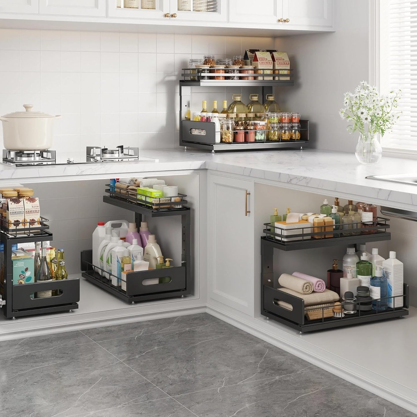 Under Sink Organizer Upgrade To Professional Rails,2-Tier Dual Pull Out Cabinet Storage,Height Adjustable Slide Out Drawers For Bathroom Kitchen,2 Pack-14.5" Dx12.8-16.9" H,White
