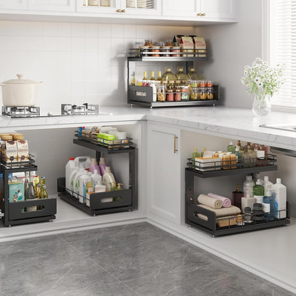 Under Sink Organizer Upgrade To Professional Rails,2-Tier Dual Pull Out Cabinet Storage,Height Adjustable Slide Out Drawers For Bathroom Kitchen,2 Pack-14.5" Dx12.8-16.9" H,White