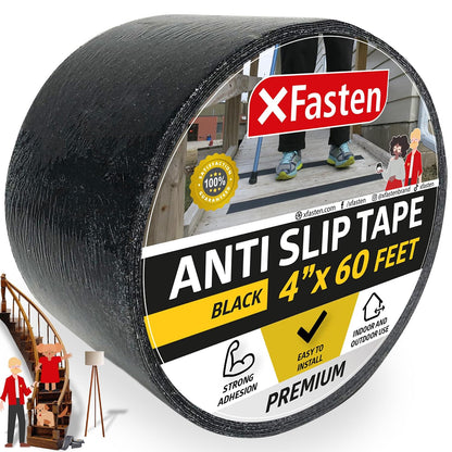 XFasten Anti Slip Grip Tape for Stairs, 4 Inches x 15 Feet, Waterproof Grip Tape for Stairs, Indoor, Outdoor Steps and Treads- Heavy-Duty High Traction Non-Skid Friction Safety Strips, Black