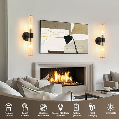 Morauroral Gold Battery Operated Wall Sconces Set of Two, Rechargeable Wall Sconce with Dimmable Remote Control, 20 Inch Wireless Sconce Wall Light for Bedroom, Living Room (Bulbs Included)