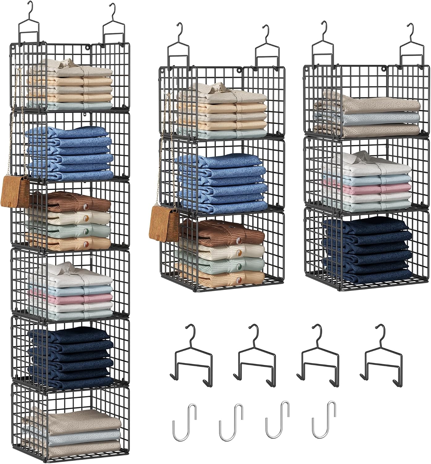 Hanging Closet Organizer, 4 Tier Metal Closet Organizers and Storage with 4 Hanging Hooks 4 S-Hooks for Wardrobe Laundry Room, Wire Storage Shelf for Clothes Sweaters Pants (White)