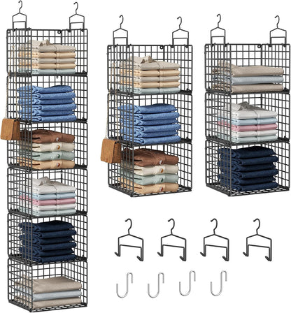Hanging Closet Organizer, 4 Tier Metal Closet Organizers and Storage with 4 Hanging Hooks 4 S-Hooks for Wardrobe Laundry Room, Wire Storage Shelf for Clothes Sweaters Pants (White)