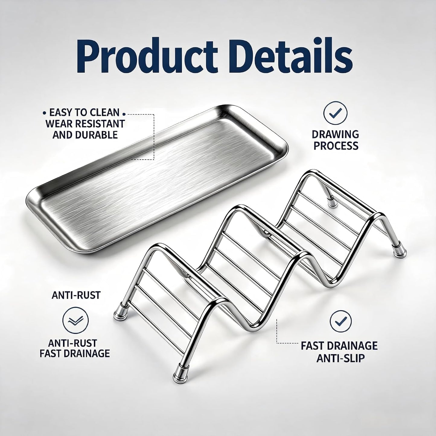 304 Stainless Steel Wavy Soap Dish, Self Draining Shampoo Bar Holder with Removable Drip Tray, Rustproof Quick Dry Bar Soap Organizer for Shower Bathroom Kitchen, Holds 2-3 Bars, 1 Pack