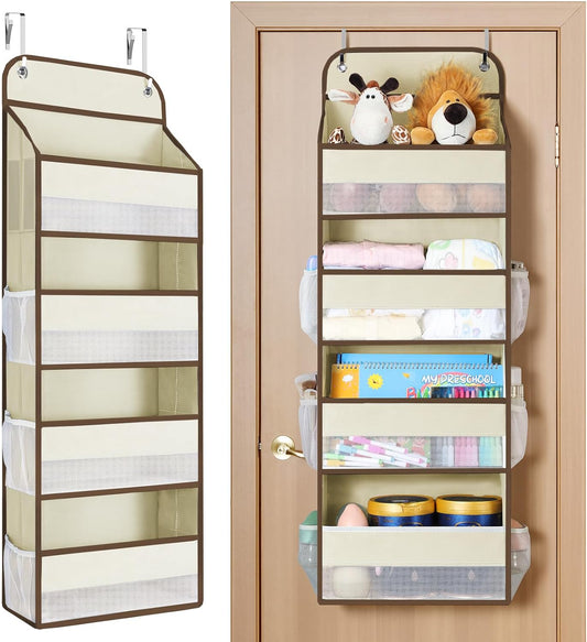 Yecaye Over The Door Organizer Storage, 5-Tier Heavy Duty Door Organizers Hanging with 10 Side Mesh Pockets, 44 lbs Load Capacity Behind Door Storage for Bathroom Nursery Bedroom Dorm Closet,Grey,1Pc