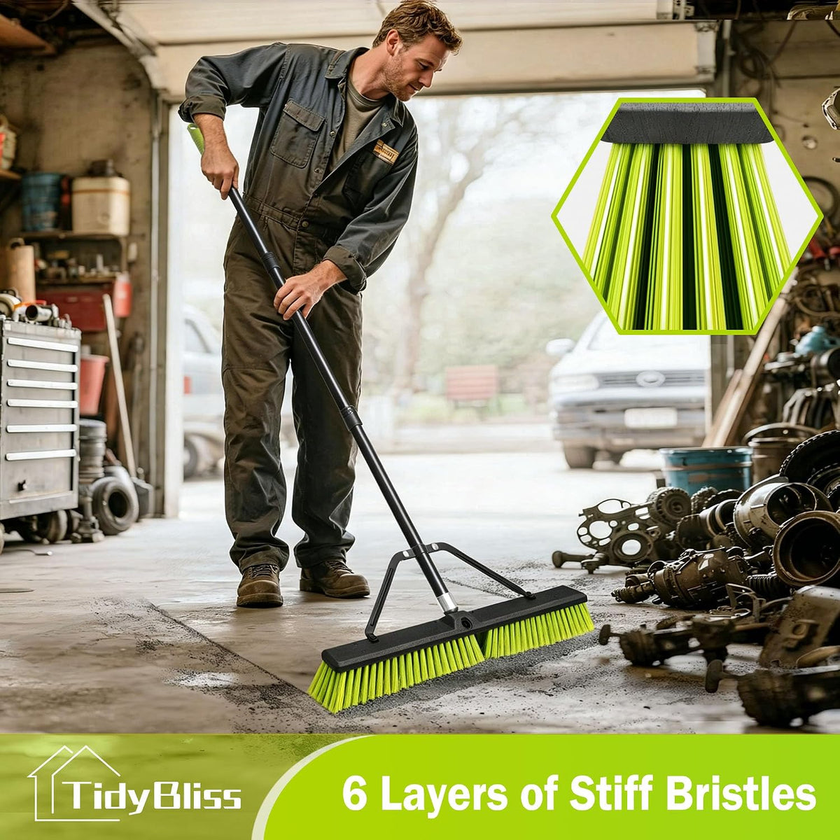 TidyBliss 24” Push Broom Outdoor Heavy Duty, Large Commercial Stiff Bristle Brush with 63 inches Long Handle for Garage Shop Garden Yard Patio Deck Street Warehouse Lawn Driveway (Yellow-Green)