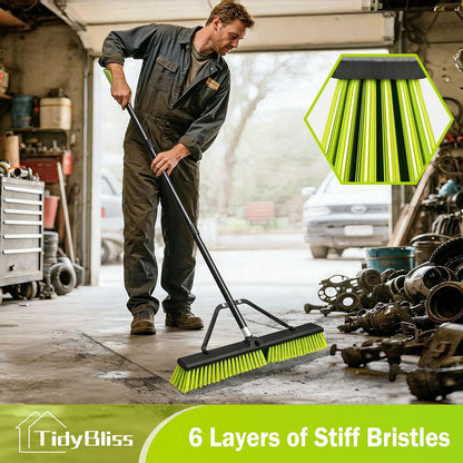 TidyBliss 24” Push Broom Outdoor Heavy Duty, Large Commercial Stiff Bristle Brush with 63 inches Long Handle for Garage Shop Garden Yard Patio Deck Street Warehouse Lawn Driveway (Yellow-Green)