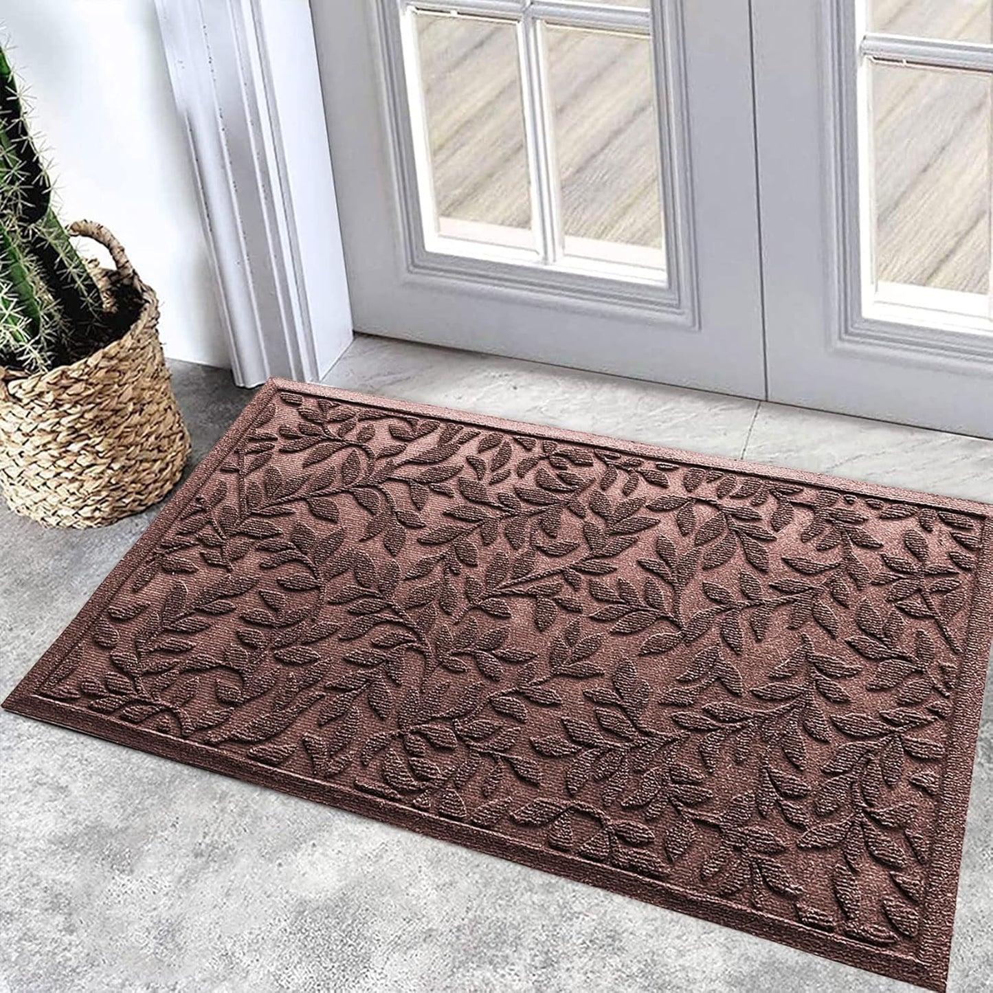 Bulijojo Sturdy Front Entrance Doormats,Durable Heavy Duty Welcome Mat,Thick Absorbent Natural Rubber Non Slip Mat,Easy Clean Entryway Mat 17x30 Inch Leaves Green