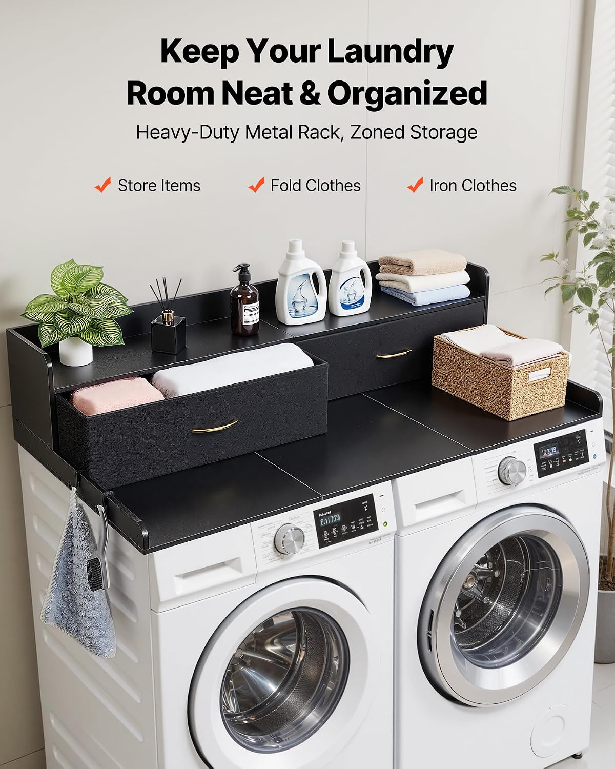 VEVOR Washer Dryer Countertop with 2-Tier Shelf, 54" x 27" Wooden Washer and Dryer Countertop with Anti-Slip Pads, Water-Resistant Laundry Topper Cover for Laundry Room Organization and Storage, Black