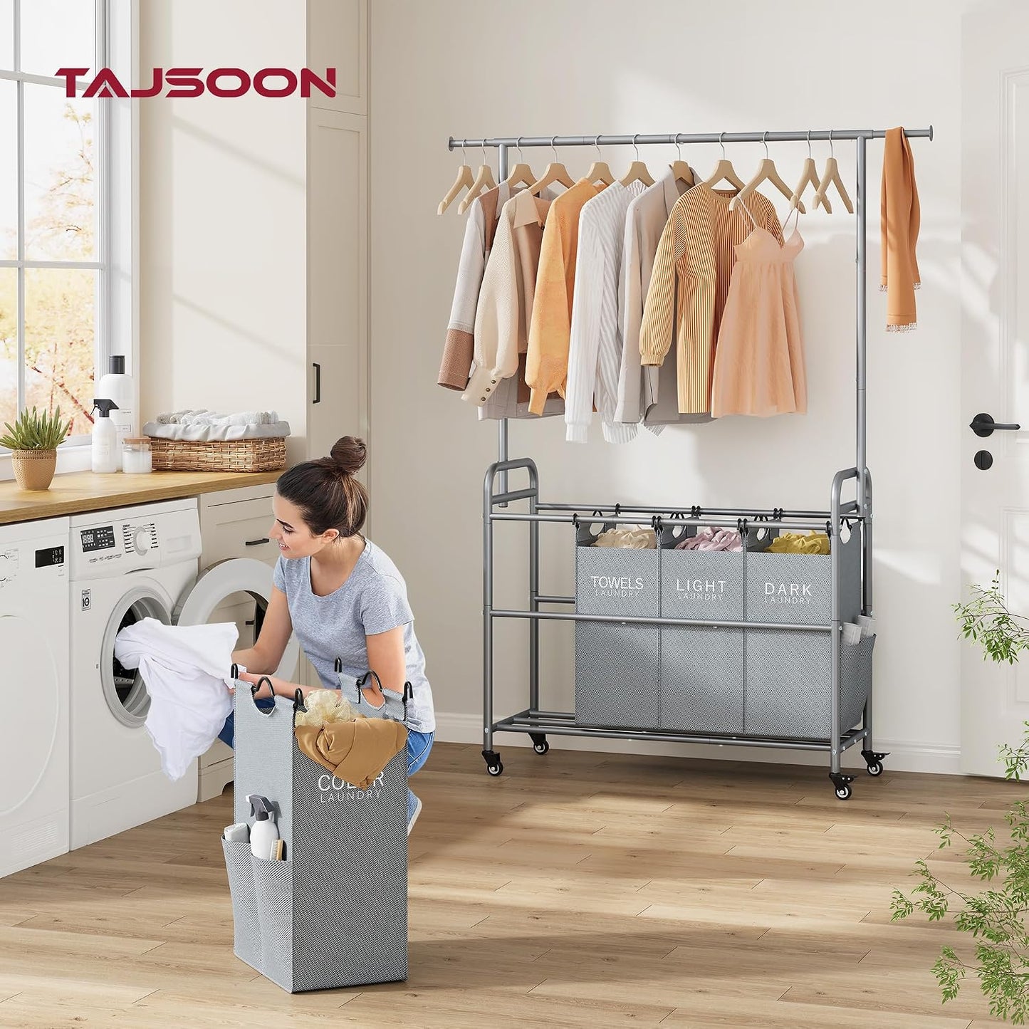Tajsoon Laundry Hamper with Hanging Rack, 3 Section Laundry Sorter with Heavy Duty Lockable Wheels, Laundry Basket Organizer for Dirty Clothes Storage, 3 Beige