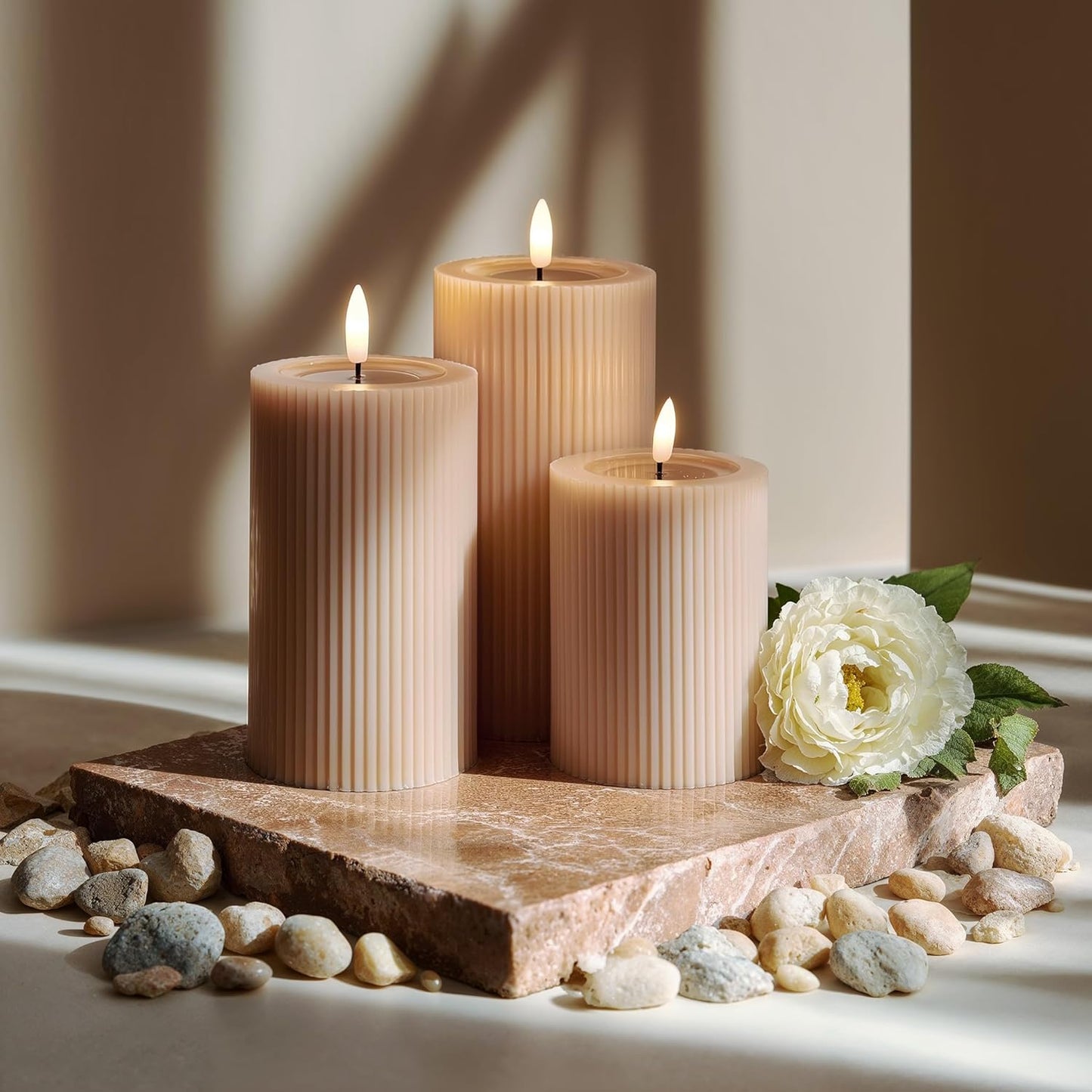 Fluted Ribbed LED Pillar Candles, Cream Beige, with Reflective Melted-Wax Effect – Flickering Flame, Remote, Dimmable, Flameless, Battery Operated, Home & Wedding Decor (Set of 3)