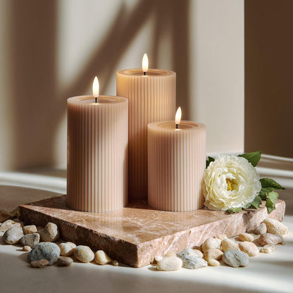 Fluted Ribbed LED Pillar Candles, Cream Beige, with Reflective Melted-Wax Effect – Flickering Flame, Remote, Dimmable, Flameless, Battery Operated, Home & Wedding Decor (Set of 3)