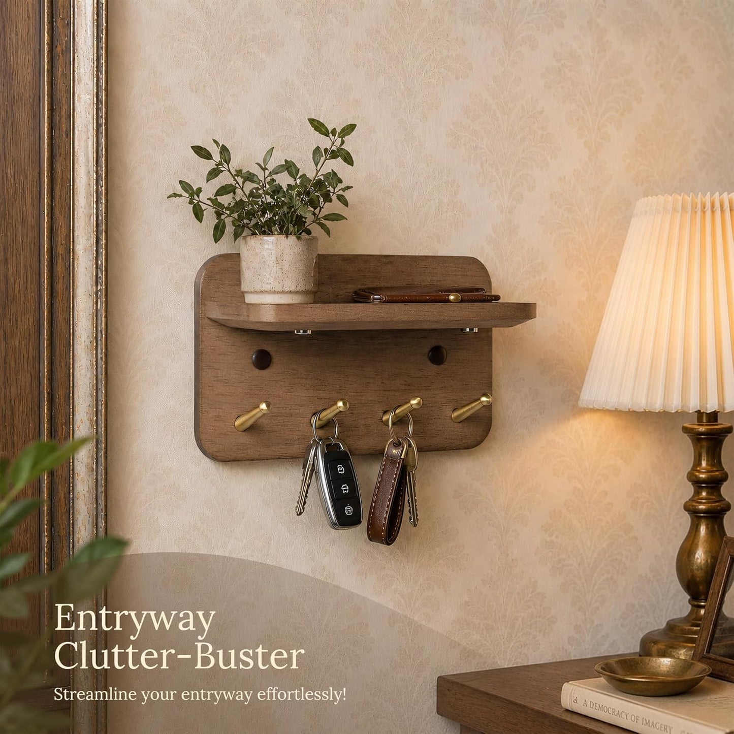 Key Holder Wall Mount, Solid Wood Key Holder for Wall with 4 Brass Hooks & Hidden Magnets, 15° Incline Hooks & Grooved Design to Prevent Slipping, Vintage Brown Key Hanger