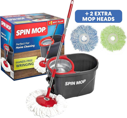 Simpli-Magic 79349 Spin Mop Cleaning System with 3 Microfiber Mop Heads, Red/Black