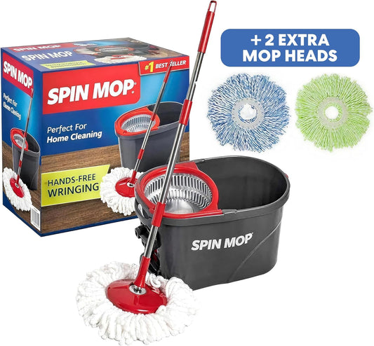 Simpli-Magic 79349 Spin Mop Cleaning System with 3 Microfiber Mop Heads, Red/Black