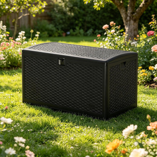 99 gal Blow-Molded Outdoor Storage Box, Waterproof UV Resistant Lockable Deck Box, Patio Garden Storage Bench Cabinet, Outdoor Toy Tool Organizer Bin with Lid for Pool Accessories Outdoor Furniture