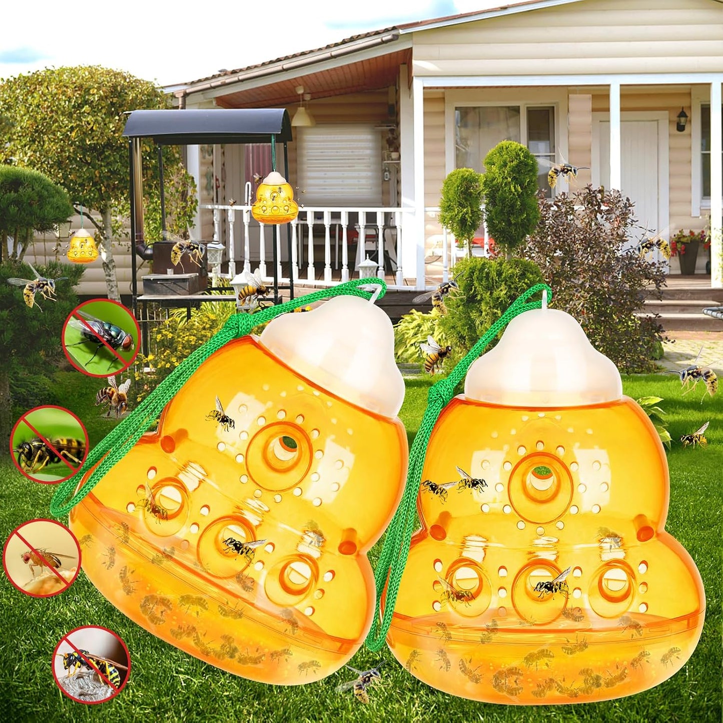 Wasp Trap, Bee Trap Catcher, Outdoor Hanging Wasp Repellent Insect Trap, Non-Toxic Reusable Yellow Jacket Hornet Catcher, Orange - 2 Pack, Safe Easy to Use