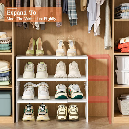 White Shoe Rack Organizer for Closet, 2-Tier Expandable Shoe Shelf, Stackable Iron Wood Combination Small Shoe Racks Shelves for Closets, Entryway,Small Space,Hallway,Bedroom,Bathroom,6-12 Pairs