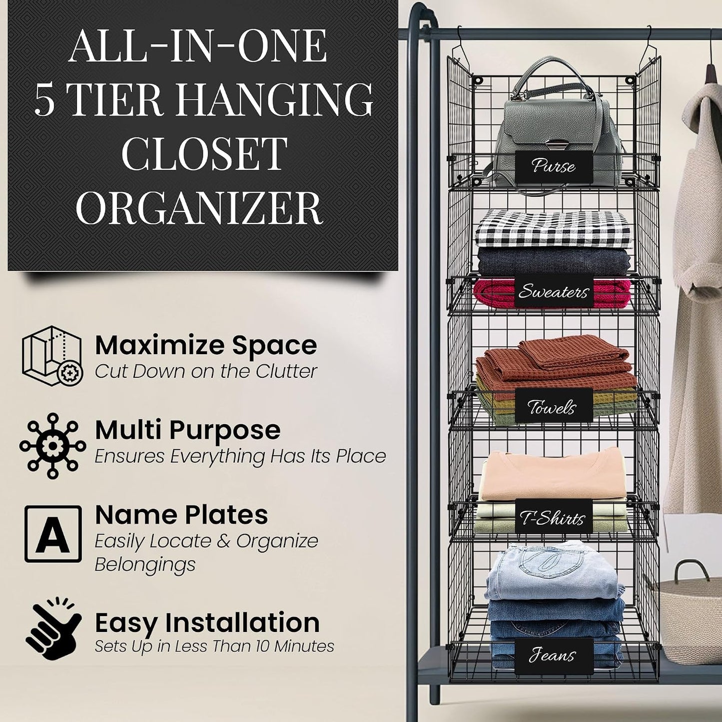 DECOLURE 5-Tier Adjustable Hanging Closet Organizer – Maximize Hanging Storage w/ 4 Hanging Hooks, 8 S Hooks & 5 Name Plates - Sturdy Foldable Wire Storage Hanging Shelves for Clothes, Towels (White)
